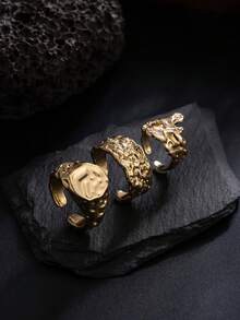 3pcs/Set Hip-Hop Vintage Asymmetric Pleated Charm Metal Wide Band Open Ring Set, Rockstar Punk Chic, Casual Minimalist, Street Style, Daily & Holiday Versatile Fashion Rings Gift For Men - Ring - View 6