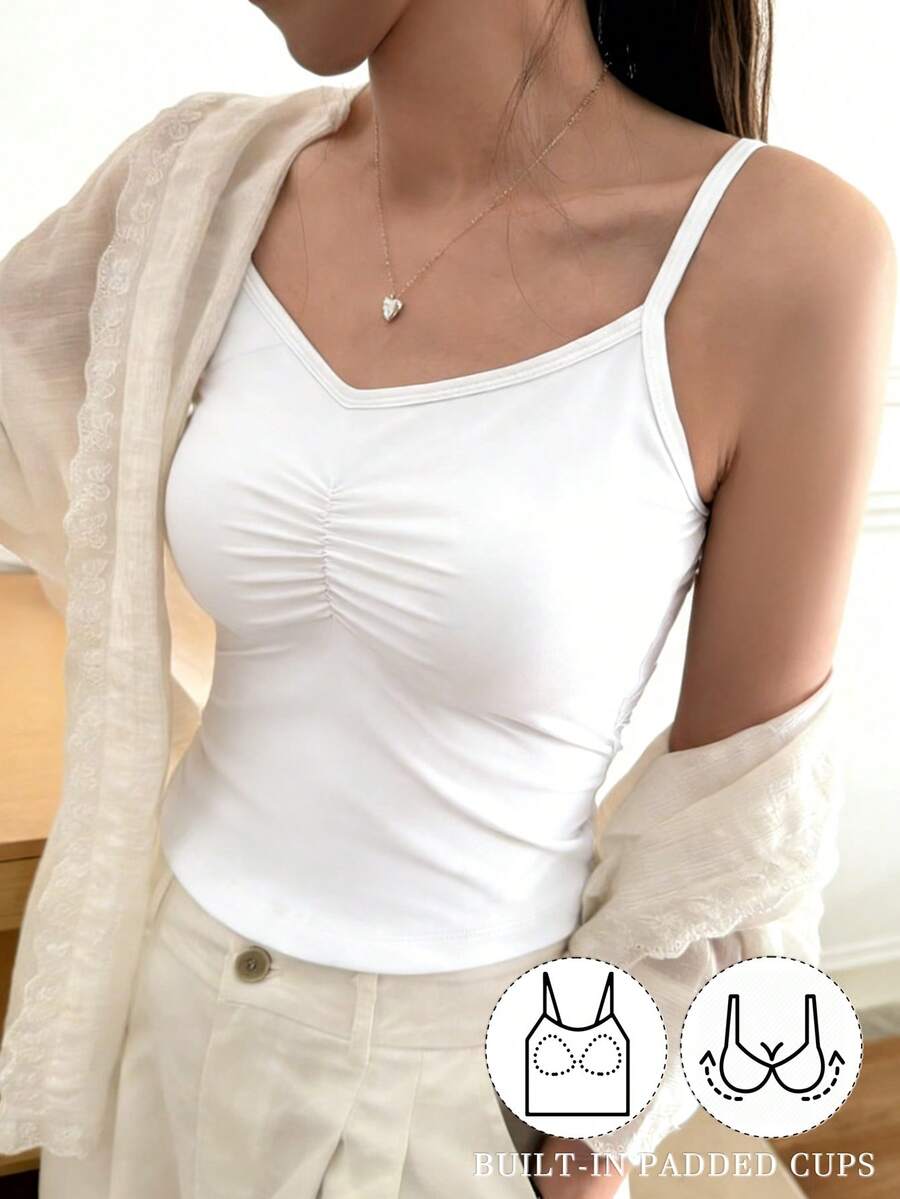 女士白色V领荷叶边吊带背心 - 内置胸垫，无需文胸，修身剪裁 - 白色 - 查看 1