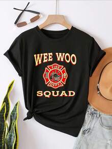 Wee Woo Fire  Squad Graphic T-Shirt For Women, Oversized Crewneck Tees Casual Wear, Spring Cotton Tops Short Sleeve, Summer Basic Tees, Funny Clothes For Women - 黑色 - 查看 2