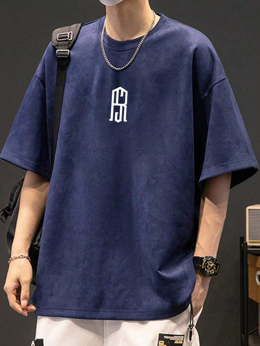 青少年夏季新款字母印花休闲圆领短袖T恤 - 藏蓝色 - 查看 1