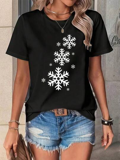 Suéter Feo Con Copos De Nieve De Invierno, Camiseta Blanca Con Copos De Nieve, Ropa De Invierno Para Mujer Summer Essentials,Summer Outfits For Women,Graphic Tees