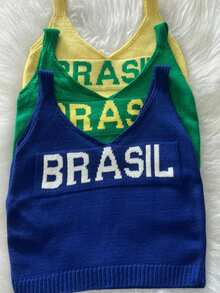 Set Of 3 Women's Cropped Tank Tops, Brazilian Style, Modal Knit, U-Neck, Spaghetti Straps, Summer, Carnival, World Cup - 黃/綠/藍 - 查看 2
