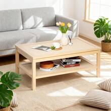 CXRYLZ Rectangular 2 Tier Rattan Coffee Table With Dual Rattan Storage Shelves Natural Wood Grain Boho Style Tea Table For Living Room Home Office Light Oak - Natural Wood Color - View 11