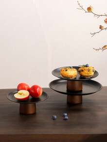 1pc Stainless Steel Tray Stand With Wooden Base, Dessert & Candy Display Plate, Multipurpose Fruit Tray, Suitable For Dining Table Decor, Home And Kitchen Serving Platter, Ideal For Eid - Black - View 3