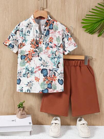 2pcs Boys Shirt & Shorts Set, Printed Mandarin Collar V-Neck Short Sleeve Shirt With Pockets Shorts, Casual Outfit For 8-12 Years Old, Suitable For Party, Holiday