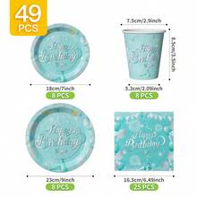 绿色背景银色气球生日快乐一次性餐盘、餐巾纸、杯子套装，派对用品，可供8位客人使用，一次性纸盘，派对餐具，适用于生日、婚礼、主题派对、家庭野餐 - 彩色 - 查看 2