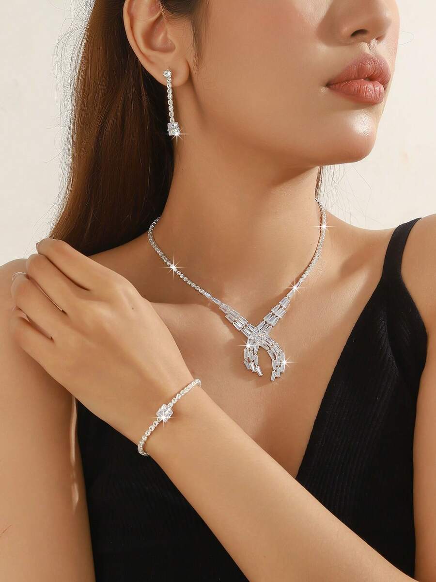 3 piezas Conjunto de joyería nupcial de lujo con cristales, collar de rhinestone, aretes colgantes y pulsera, accesorios elegantes y formales para mujeres, ideal para celebraciones de Eid Al-Adha - Plateado - Ver 1