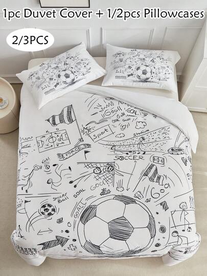 2/3pcs Cartoon Football Graffiti Printed Duvet Cover Set, Cute & Personalized Bedding Set With Duvet Cover And 1/2 Pillow Sham(S), Soft & Breathable, Machine Washable, Suitable For Dorm, Guest Room (1 Duvet Cover + 1/2 Pillow Sham(S), No Filler)