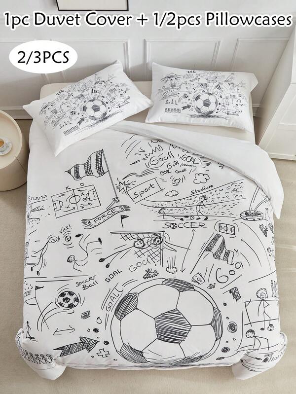 2/3pcs Cartoon Football Graffiti Printed Duvet Cover Set, Cute & Personalized Bedding Set With Duvet Cover And 1/2 Pillow Sham(S), Soft & Breathable, Machine Washable, Suitable For Dorm, Guest Room (1 Duvet Cover + 1/2 Pillow Sham(S), No Filler)