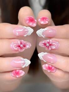 24pcs Press On Fake Nails French 3D Flowers,Pink Nails,Art Perfect For Everyday Wear - Multicolor - View 1