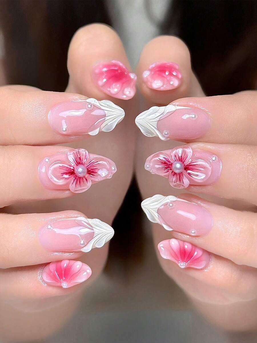 24pcs Press On Fake Nails French 3D Flowers,Pink Nails,Art Perfect For Everyday Wear - Multicolor - View 1