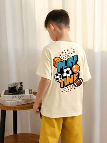 Camiseta de cuello redondo de manga corta con estampado informal para niños preadolescentes, top de verano - Albaricoque - Ver 3