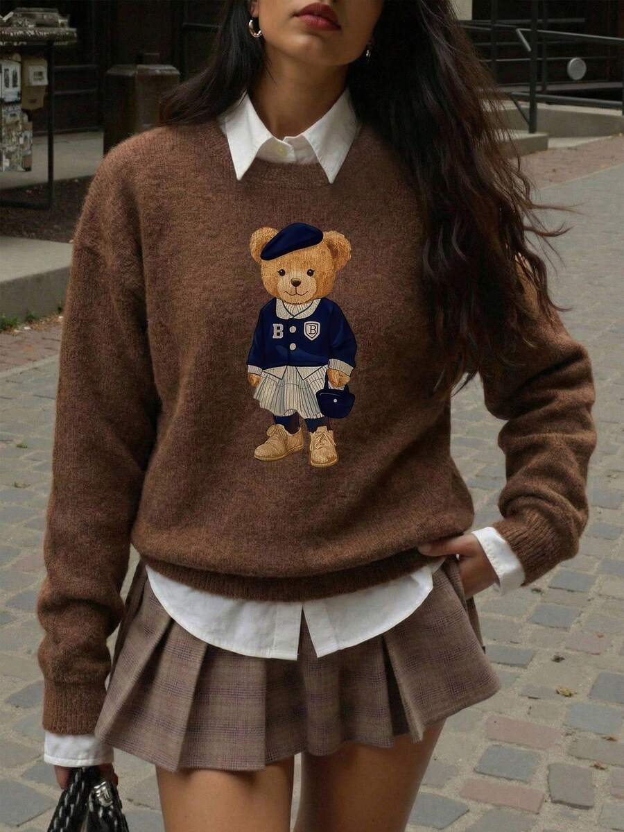 大码女式舒适冬季仿毛衣 - 可爱泰迪熊造型圆领长袖上衣，柔软休闲仿针织面料，秋冬叠穿的理想之选。泰迪熊毛衣，大码女装，泰迪熊毛衣，情人节，女士情人节，新年 - 咖啡棕 - 查看 1