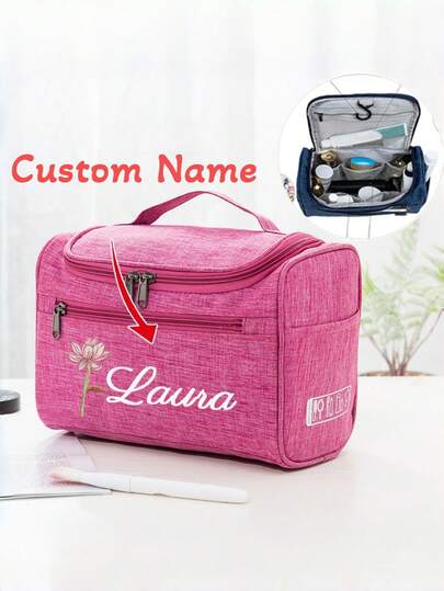 1 Bolsa de maquillaje personalizada de gran capacidad para mujer, un organizador de artículos de tocador de viaje con nombre personalizado, esencial para viajes al aire libre, un regalo personalizado para fiestas, bolsa de almacenamiento de maquillaje con cierre de cremallera y asa superior de tamaño grande -- regalo perfecto para el cumpleaños de la mujer, el Día de San Valentín, el aniversario