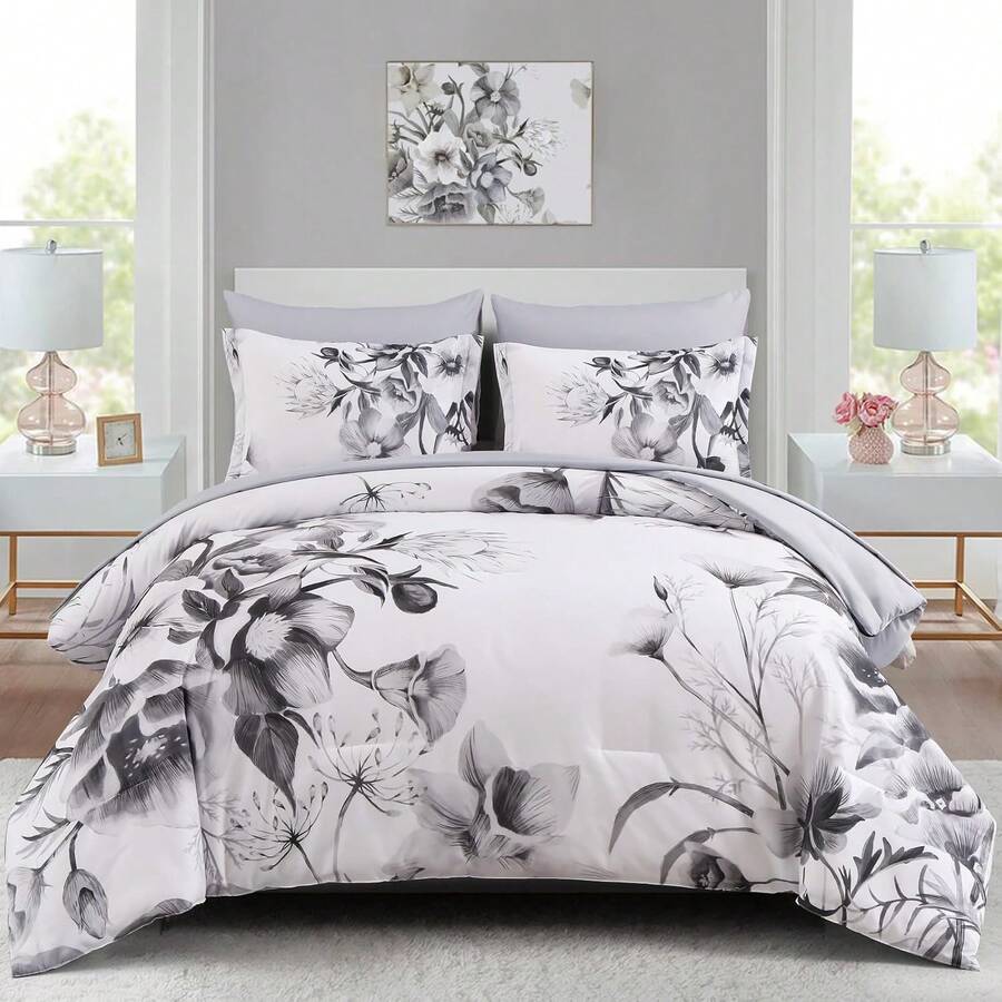 7 Pieces Floral Yellow/Aqua/Navy Blue Floral Comforter Set Queen King Bed In A Bag Botanical Floral Comforter Soft Soft Microfiber Complete Bedding Sets For Fall And Wedding Items,Valentines Day Home Bed Room Decor,Easter Gifts,Mothers Day Gift,All Season - 黑色 - 查看 1