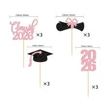 12pcs 2026 Graduation Theme Glitter Cupcake Decorations, 2026 Graduation Diploma Cap Cupcake Toppers, 2026 Graduation Party Cake Decorations, Pink - Pink - View 5