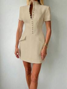 Đầm blazer thanh lịch, trang trọng, kiểu dáng công sở, có thắt eo, phù hợp cho mặc hàng ngày, đi làm, đi làm vào mùa hè. - Màu be - Xem 5