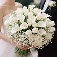 100支装优雅人造满天星、白色郁金香和马蹄莲套装 - 非常适合婚礼花束、订婚庆典、家居/办公室装饰、母亲节、春季花卉布置、户外展示、情人节 - 理想的塑料花卉装饰品、圣诞家居装饰 - 彩色 - 查看 5