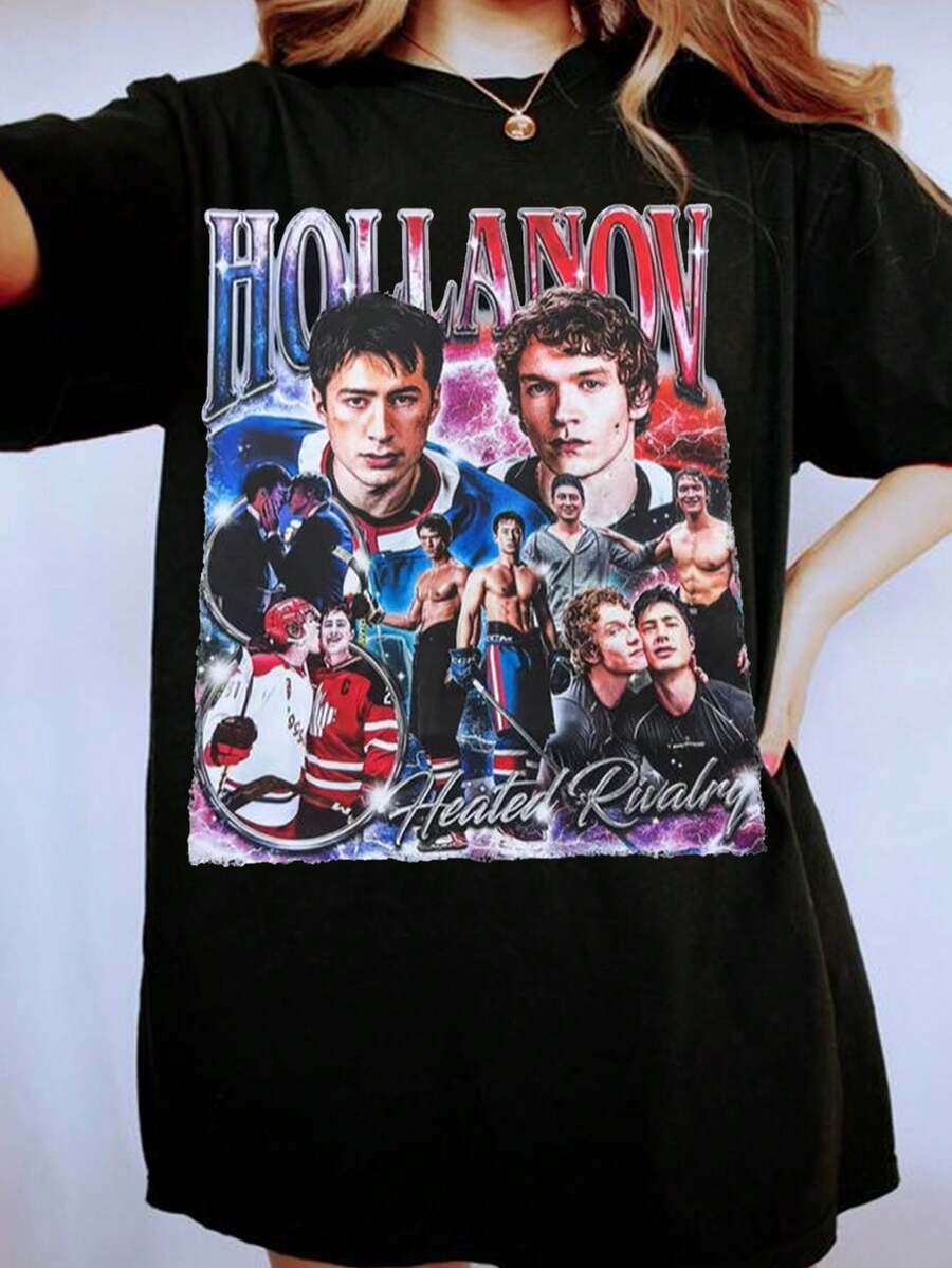 Plus Size, Unisex Plus Size Women T Shirt 100 Hollanov Heated Rivalry Print Fan Merchandise Family Essential T Shirts Stylish Inner Layer Machine Washable Comfortable For Spring Summer Autumn Winter - 黑色 - 查看 1