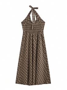 Đầm hai dây kẻ caro thanh lịch mới, phối cùng áo khoác cardigan, đa năng (Họa tiết kẻ caro ngẫu nhiên) Mùa hè - Cà phê nâu - Xem 6
