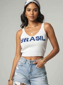 Set Of 3 Women's Cropped Tank Tops, Brazilian Style, Modal Knit, U-Neck, Spaghetti Straps, Summer, Carnival, World Cup - 藍/白/綠 - 查看 5