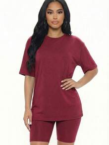 2pcs Loose Fit Top & Biker Shorts Set For Women, Solid Color Round Neck Machine Washable Comfy Basic Loungewear Sets For Summer Spring Fall - 酒紅色 - 查看 1