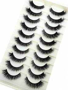 10对蓬松3D水貂毛假睫毛，100%无动物实验，手工制作，可重复使用，短款自然假睫毛，水貂毛条状假睫毛 - 黑色 - 查看 2