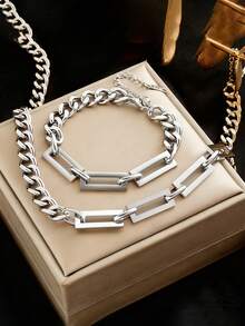 2pcs/Set European & American Fashion Metal Stainless Steel Minimalist High-End Thick Chain Necklace & Bracelet Jewelry Set, Suitable For Street & Everyday Wear - silver - View 15