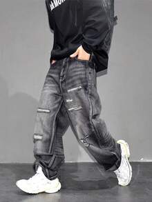 男士复古水洗做旧直筒牛仔裤，宽松版型 - 黑色 - 查看 5