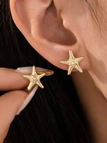 1 Pair Minimalist Starfish Shaped Earrings, Summer Beach Style Jewelry For Women - Gold - View 1