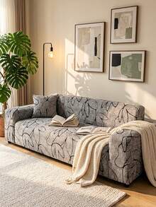 1pc Minimalist Printed Sofa Cover And 1pc Matching Cushion Cover, Modern Minimalist Elastic Breathable Milk Silk Full Coverage Sofa Slipcover, Suitable For Living Room, All Season - Multicolor - View 6