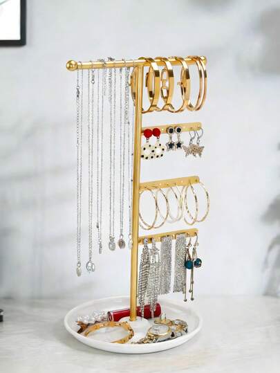 1pc Metal Jewelry Stand With Tray, For Necklace, Earring, Bracelet Storage And Display, Earring Holder, Suitable For Home Organization, Jewelry Retail, Valentine's Gift, Sunny Travel, Back To School, High Conversion Keywords: Elegant, Modern, Minimalist, Practical, Multifunctional, Decorative, Ideal For Bedroom, Vanity, Wardrobe, Great Gift For Girls/Women, Suitable For Birthday, Christmas, Holiday Season, Fashion Decor