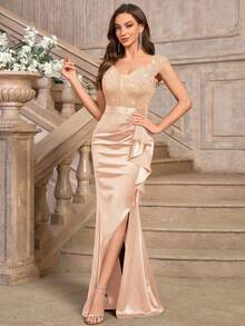 MIUSOL Deep V-Neck Sequin Lace Ruffle Hem Satin Maxi Evening Party Dress Wedding Spring - Champagne - View 4