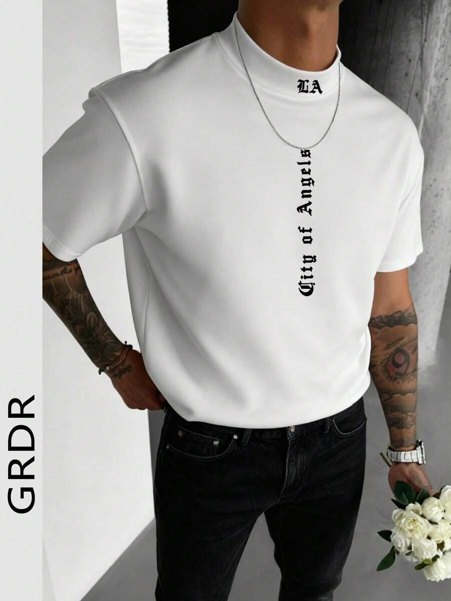 GRDR Men's Fashionable Mock Neck Printed Solid Color Short Sleeve T-Shirt | Exquisite Design | Summer Essential | Easy To Match | Showcase Your Style - White - View 1