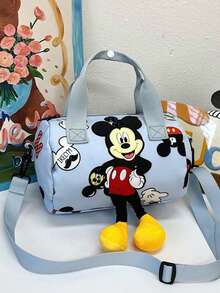 迪士尼冰雪奇缘艾莎卡通印花时尚背包，可爱帆布单肩手提包，旅行通勤包，手机口红零钱包 - 彩色 - 查看 2