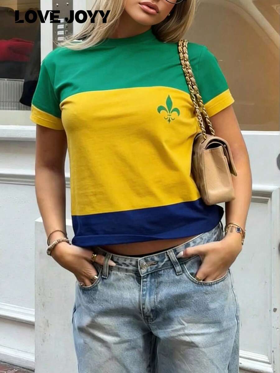 LOVE JOYY Women's Cropped Round Neck Top, Casual Iris Flower Print Colorblock, Spring/Summer Carnival Colorblock Blouse - Multicolor - View 1