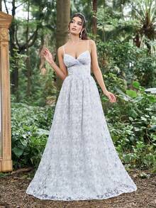 Faeriesty 优雅系带荷叶边腰部镂空开衩连衣裙，正式吊带礼服 - 白色 - 查看 3