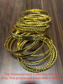 RINTOLER 19pcs Vintage Style Geometric Flower Braided Bangle Set, Antique Gold-Color Alloy Closed Bangle, Diameter 6.8cm (Please Confirm The Product Size Is Suitable Before Purchasing.) (The Black Color Is The Intended Design, Not Dirt.) - ZJ10588-19 Pieces Of Gold Bracelet - View 3