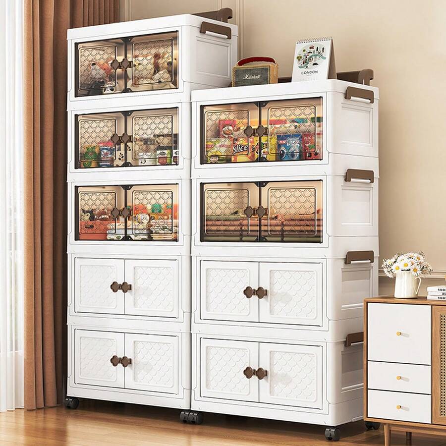5/4/3-Tier Storage Cabinet With Swivel Wheels, Foldable Storage Cabinet, Visual Storage, Used For Bedroom, Cloakroom, Clothing Store, Laundry Room, Walk-In Closet, Toy Book File Storage - White - View 1