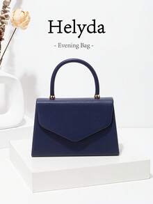 Helyda 1pc Navy Blue Fashionable Solid Color PU Handbag With Flap, Charming & Elegant Ladies Business Bag, Suitable For Women's Daily Use, Clutch/Handbag/Shoulder Bag/Crossbody Bag, Applicable For Wedding/Party/Prom/Banquet - Navy Blue - View 2