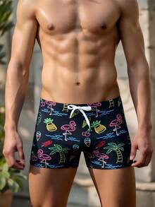 European And American Style Men's Neon Flamingo Print Swim Trunks - Fashionable Swimming Shorts With Drawstring, Suitable For Beach, Pool - Multicolor - View 5