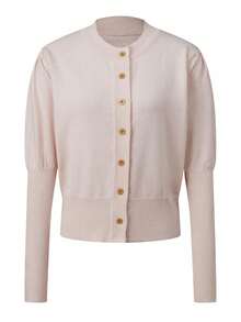 Women's Spring Knit Cardigan Stylish Solid Ribbed Trim Button Down Crew Neck Long Sleeve Sweater Jacket - Apricot - View 1