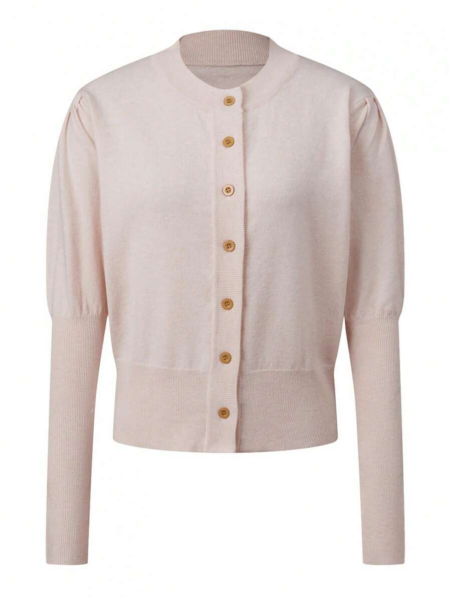 Women's Spring Knit Cardigan Stylish Solid Ribbed Trim Button Down Crew Neck Long Sleeve Sweater Jacket - Apricot - View 1