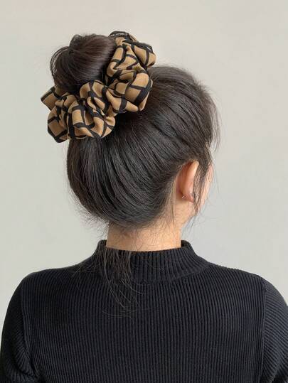 1 pièce Chouchou à carreaux rétro ! Combinaison de couleurs noire et café qui a l'air sophistiquée, haute élasticité qui n'endommagera pas les cheveux, essentiel pour les coiffures quotidiennes, élastiques à cheveux, support de queue de cheval, chouchou