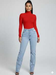 Turtleneck Ribbed Turtleneck Blouse For Carnival, Parade, And Winter - 紅色 - 查看 1