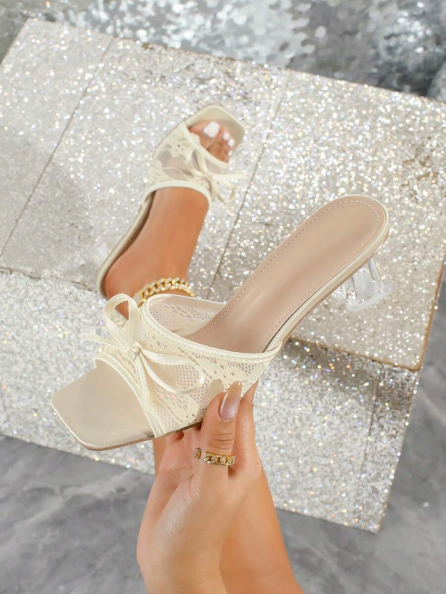 Women's Fashion Mesh Bow Tie Square Toe Apricot High Heel Sandals, Comfortable Casual Vacation Versatile Chunky Heel Slides - Apricot - View 1