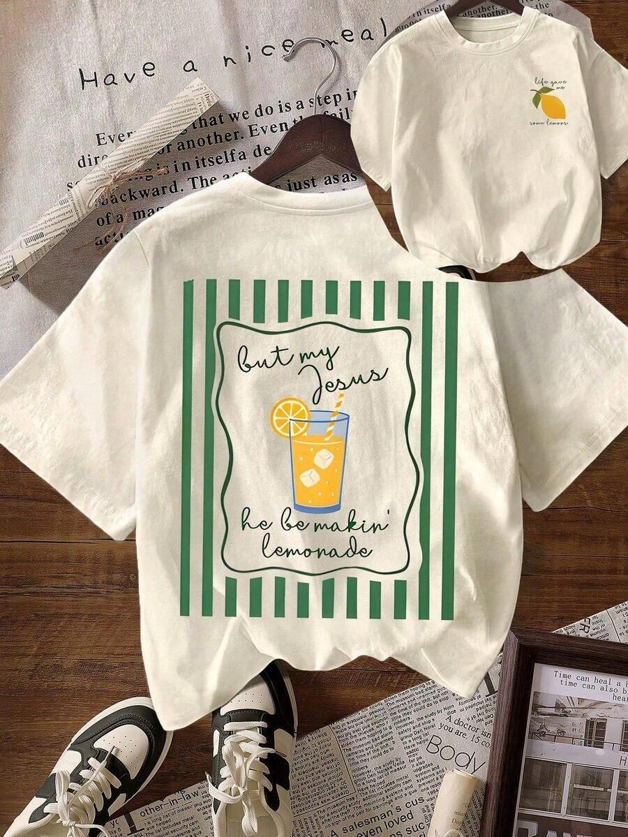 Jesus Lemonade Shirt, But My Jesus He Be Makin' Lemonade, Graphic Tee For Women, Casual Round Neck Short Sleeve T-Shirt - 杏色 - 查看 1