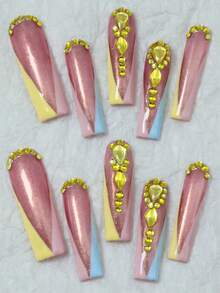 CrystalHola Valentine's Day : 10 Handmade Press-On Nail Stickers, French Square Long Nails, Pink Pearlescent Finish With Yellow Rhinestones, Full Coverage, Removable And Reusable, Long-Lasting And Durable, Unique Summer Nail Art, A Stylish Necklace Essential For Parties And Weddings. Nail Supplies - Multicolor - View 4
