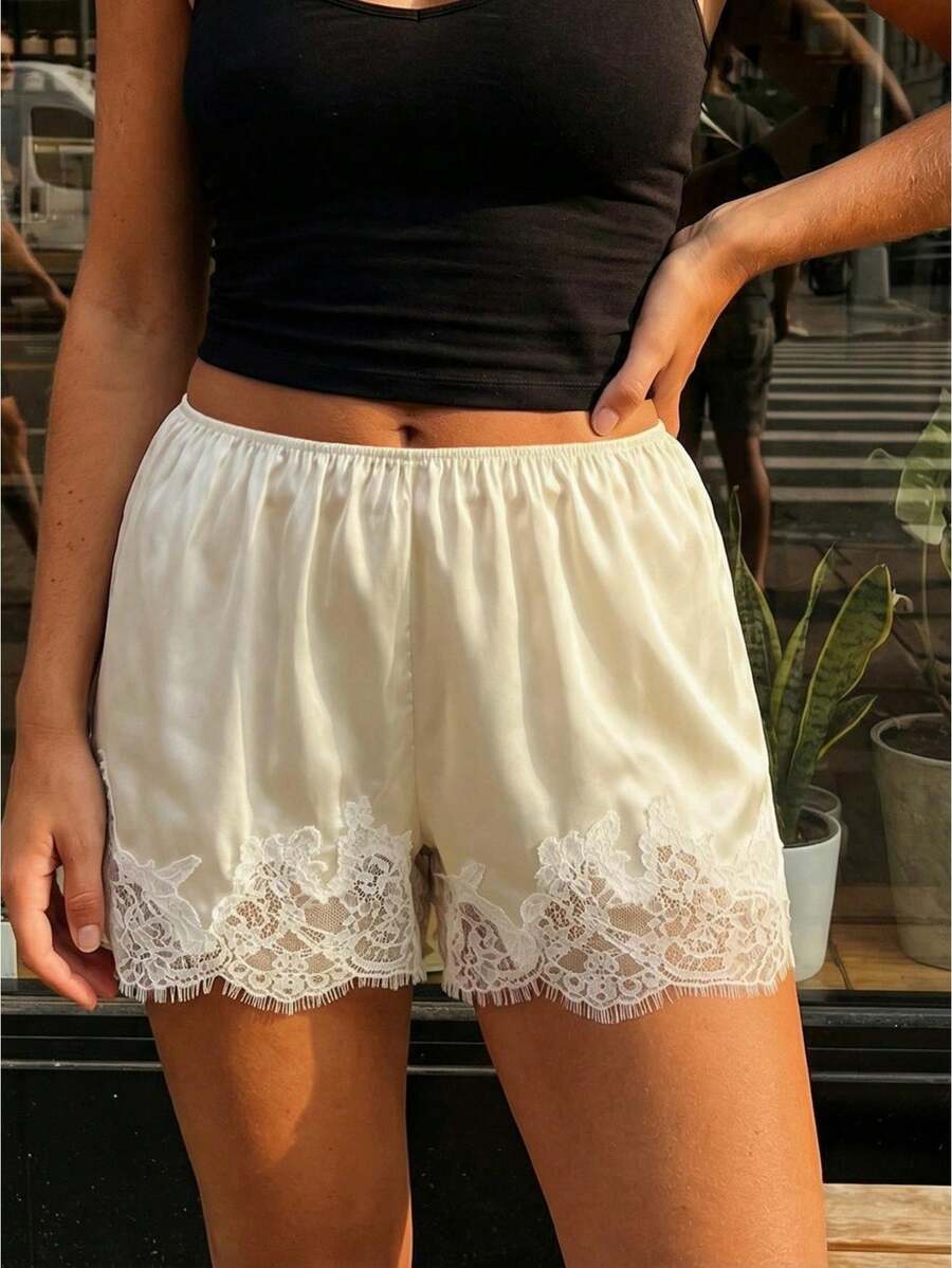 Women's Lace Trim Shorts Casual Loose Fit Stylish Elastic Mid Rise Shorts For Spring/Summer - Champagne - View 1