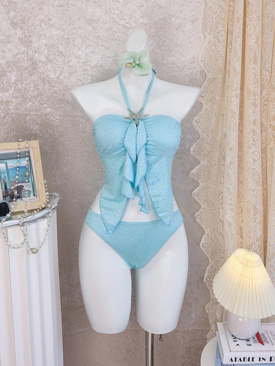 Bộ bikini nữ mùa hè màu trơn, chất liệu vải bóng nhẹ, co giãn, họa tiết sao biển, viền bèo nhún, dây mảnh. - Màu xanh nhạt - Xem 1